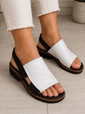Bueno Amy Slingback Sandles White Leather Open-Toe with Black Footbed Sz 38